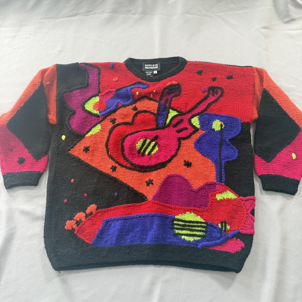 Roberta Freymann 100% Wool Knit Sweater Womens Small Musical 3D Colorful Quirky